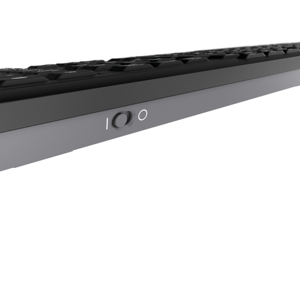 Tastatur mit zwei Tasten. Schwarze Tasten und grauer Rahmen. Weißer Hintergrund mit Nahaufnahme.