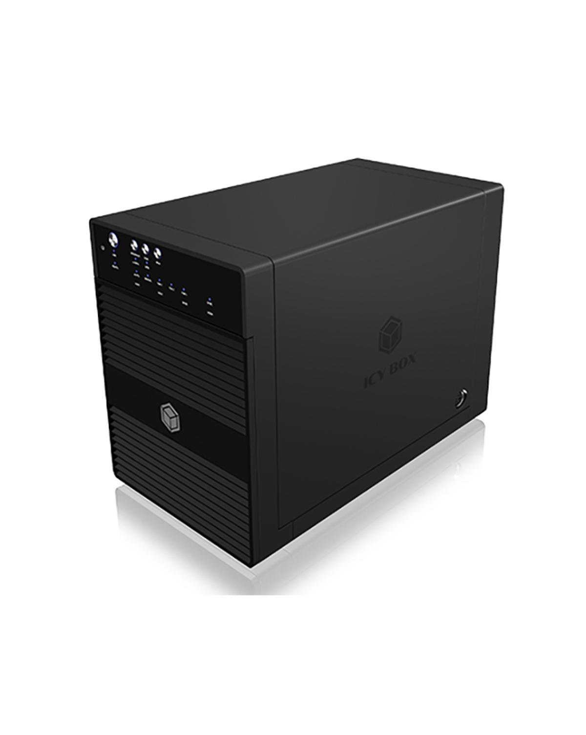 Ein schwarzes Computergehäuse mit "ICY BOX"-Logo, mit einem schlanken, modernen Design.