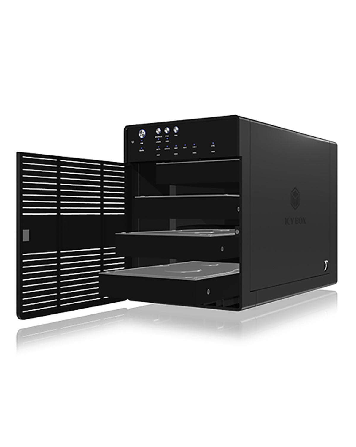 Schwarze ICY BOX mit offener Tür, zeigt Einschübe für Festplatten.