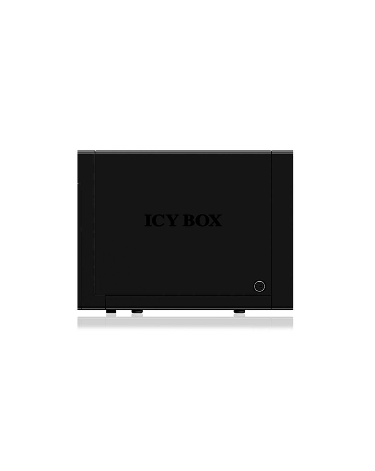 Ein schwarzes ICY BOX Festplattengehäuse, quadratische Form auf weißem Hintergrund.
