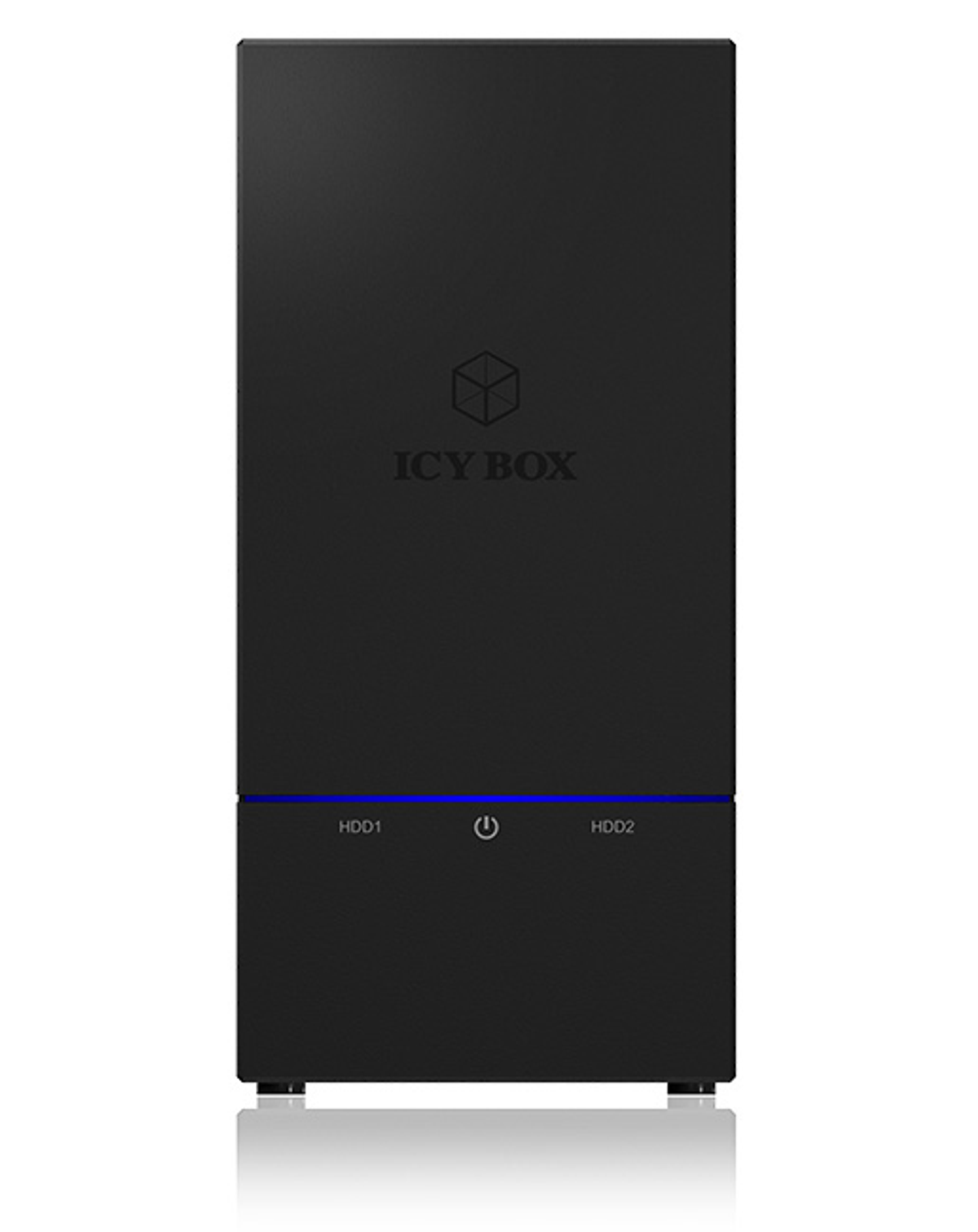 Schwarzes Gerät mit 'ICY BOX'-Logo. Blaues Licht, weißer Hintergrund.