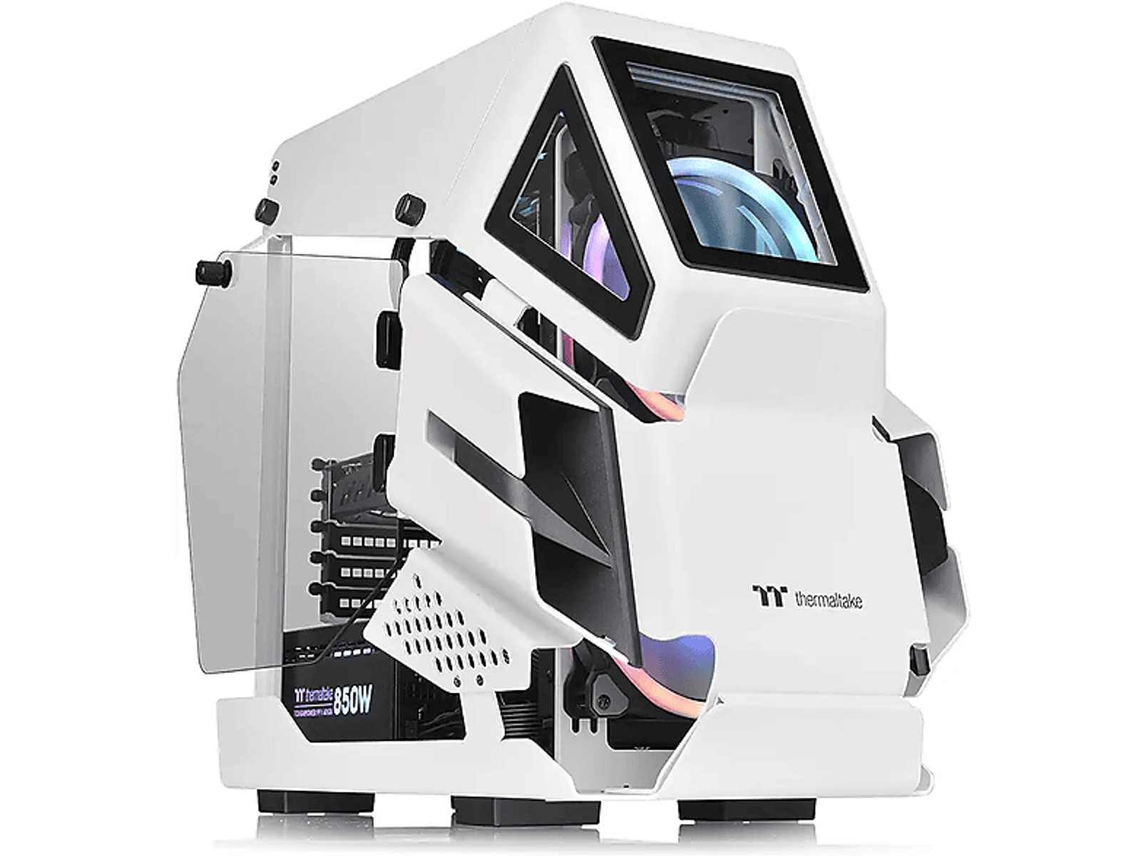 Un case per computer bianco con pannello laterale trasparente e alimentatore nero.