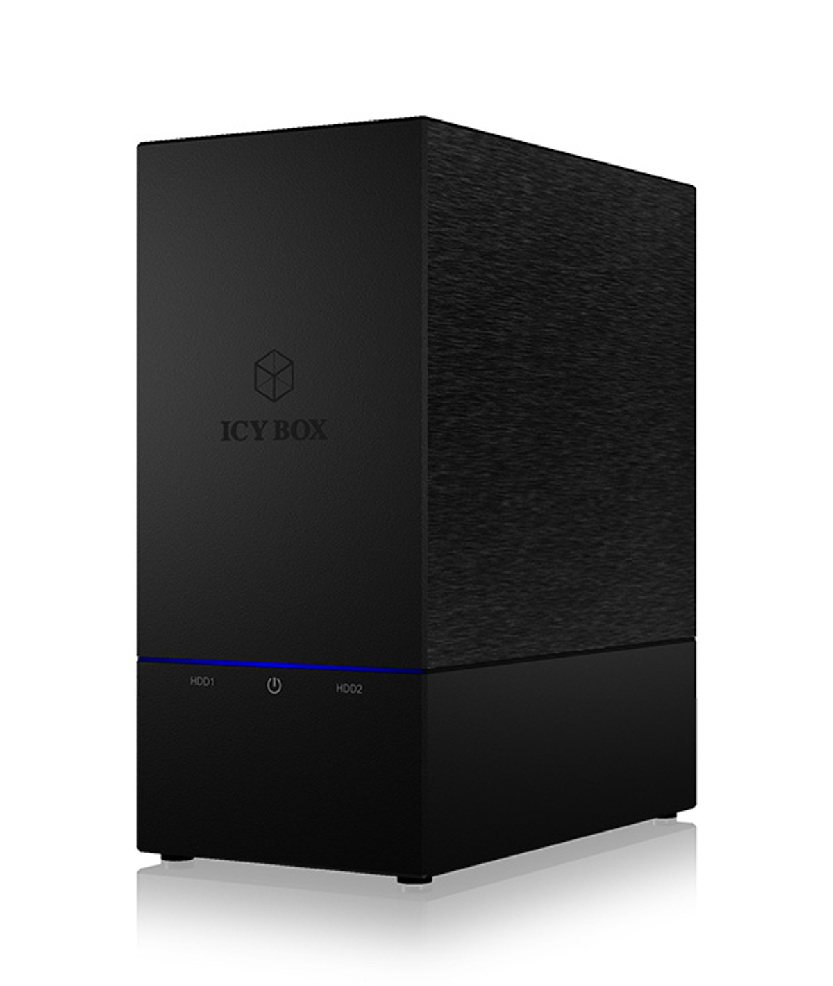 Schwarzes externes Festplattengehäuse mit 'ICY BOX'-Etikett. Zwei Knöpfe und Etiketten unten.