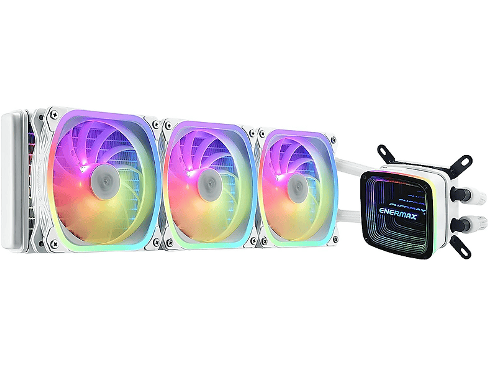 Sistema di raffreddamento a liquido bianco con tre ventole e un blocco di raffreddamento separato, luci arcobaleno.