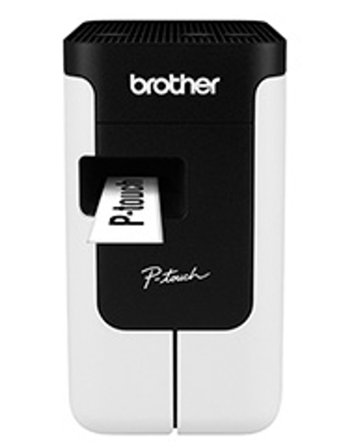 Schwarz-weißer Brother P-touch Etikettendrucker mit herauskommendem Etikett.