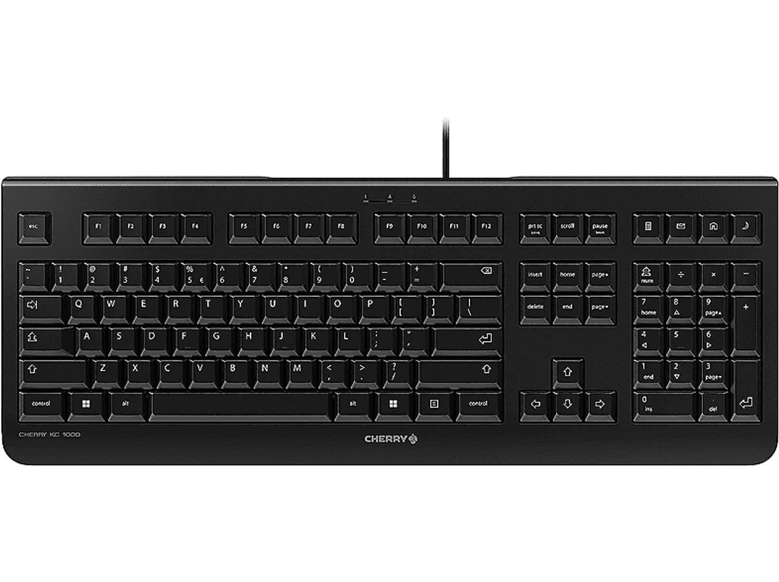 Schwarze Computertastatur mit Tasten im QWERTZ-Layout, mit Cherry-Logo.