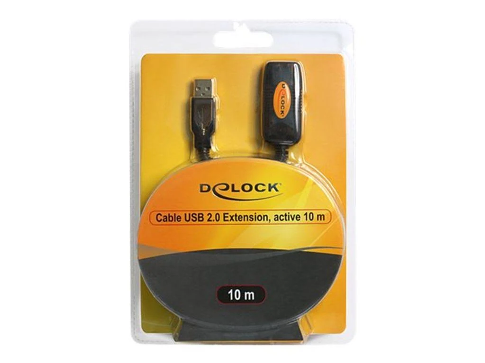 USB-Kabel in Blisterverpackung. Schwarzes Kabel, USB-A- und USB-B-Anschlüsse. Die Verpackung hat orange und schwarze Details.