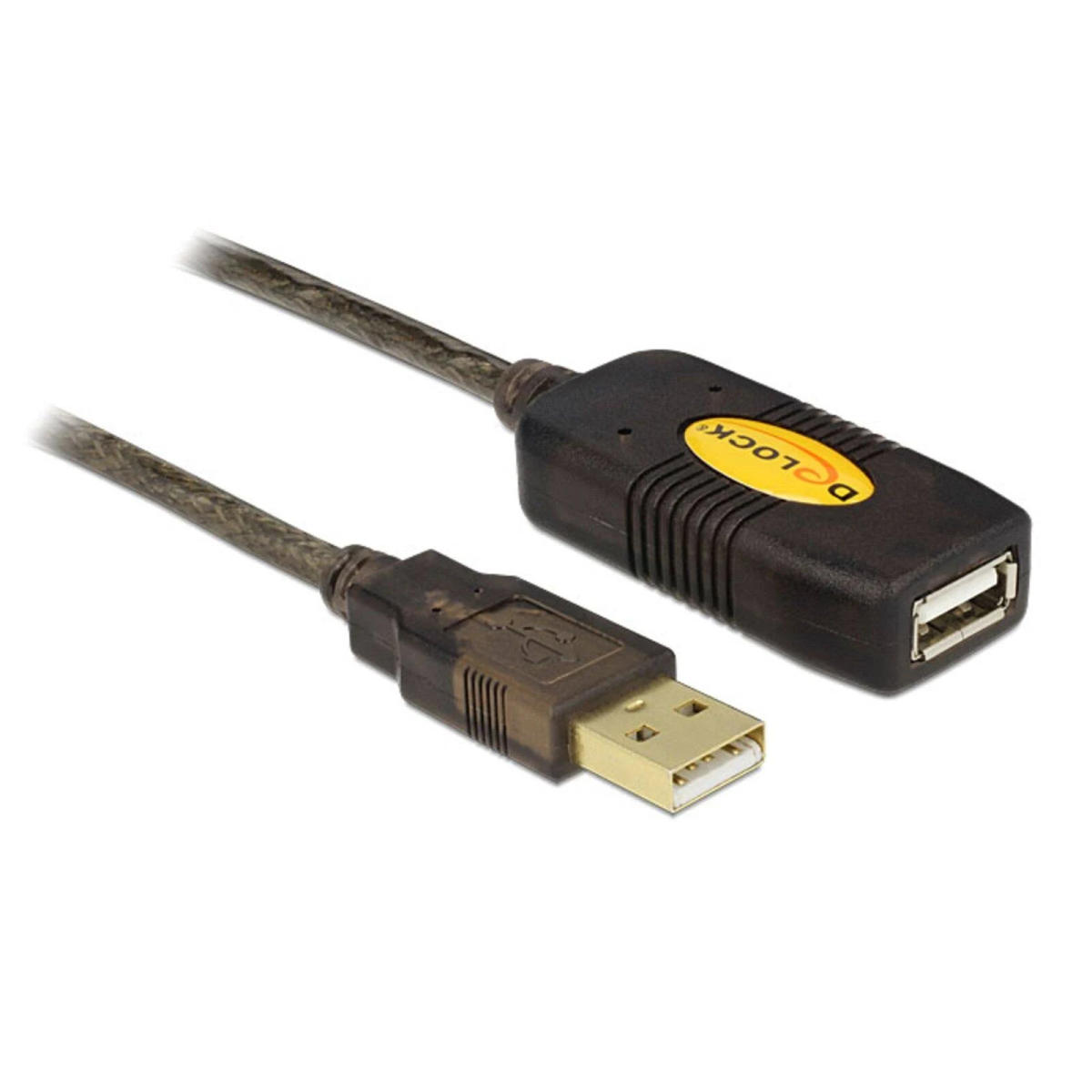 USB-Verlängerungskabel. Dunkle Farbe mit USB-Anschlüssen an beiden Enden.