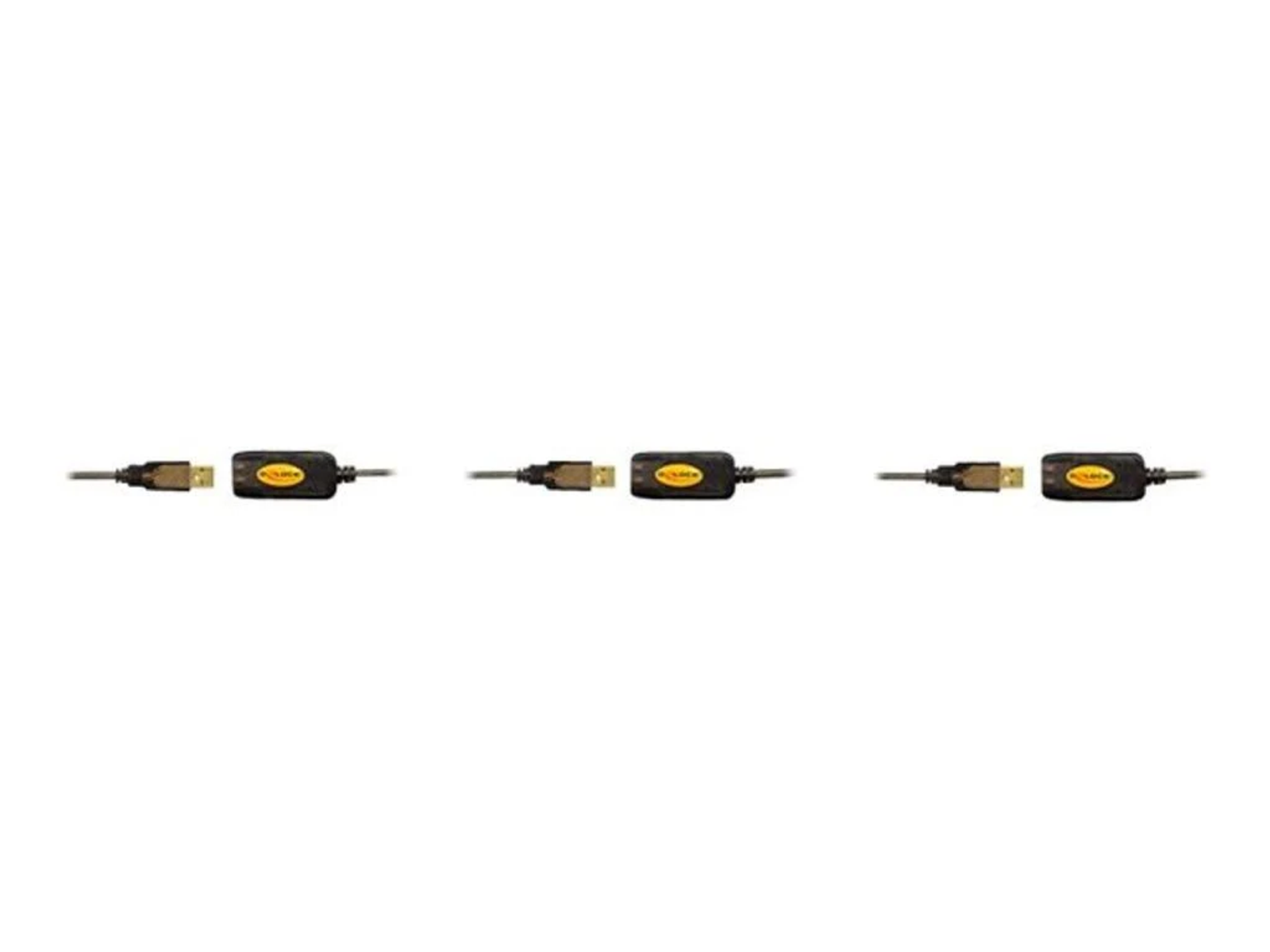 Drei USB-Kabel auf Weiß. Jedes hat einen goldenen USB-Anschluss und eine schwarze Box mit Logo.
