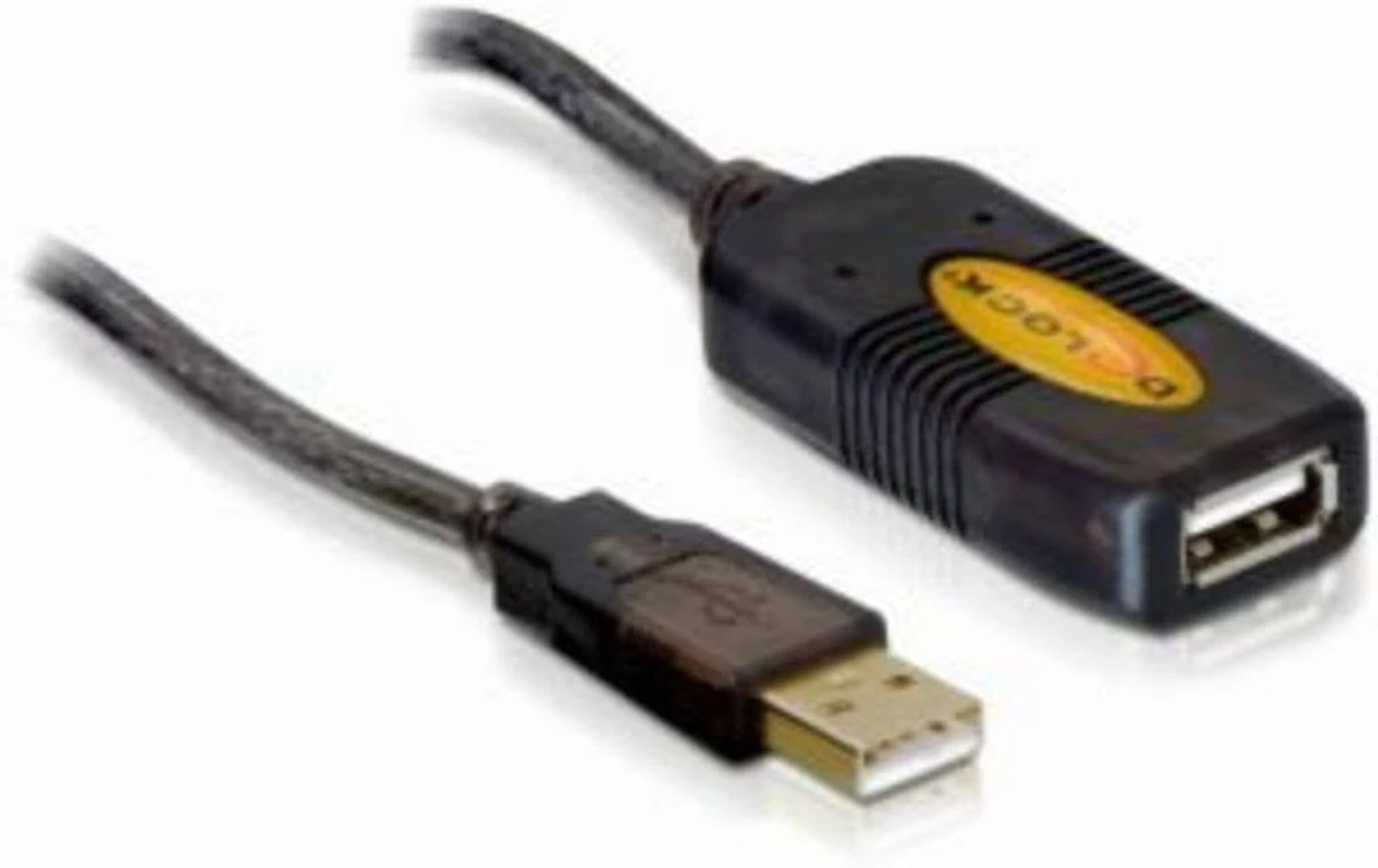 Ein schwarzes USB-Verlängerungskabel mit goldenem Logo und Standard-USB-Anschluss.