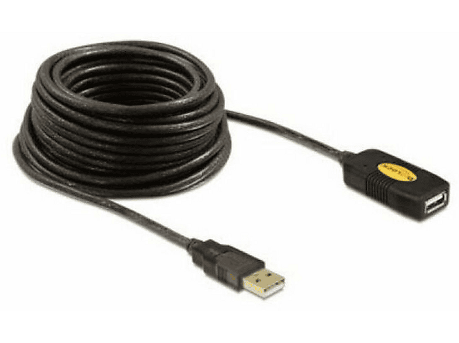 Schwarzes USB-Verlängerungskabel mit Stecker und Buchse. Das Kabel ist aufgerollt.