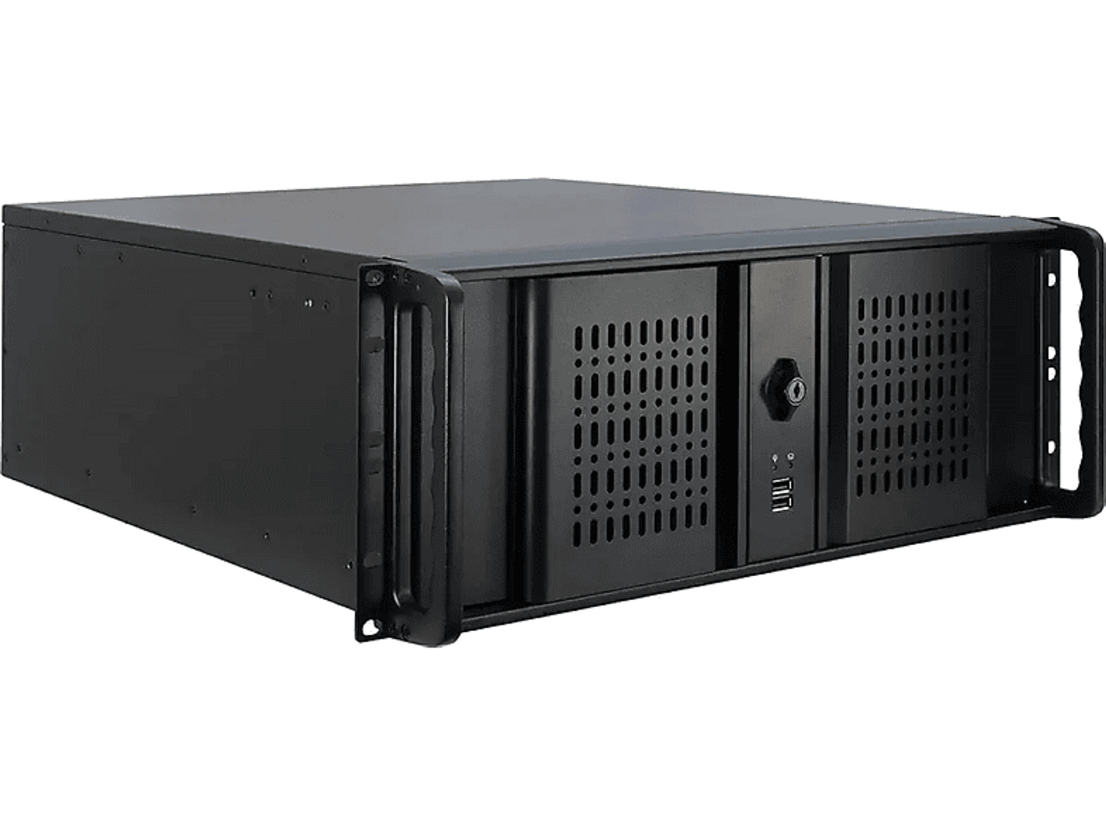 Czarna szafa serwerowa z otwartym przodem. Perforowane metalowe drzwi. Białe tło.