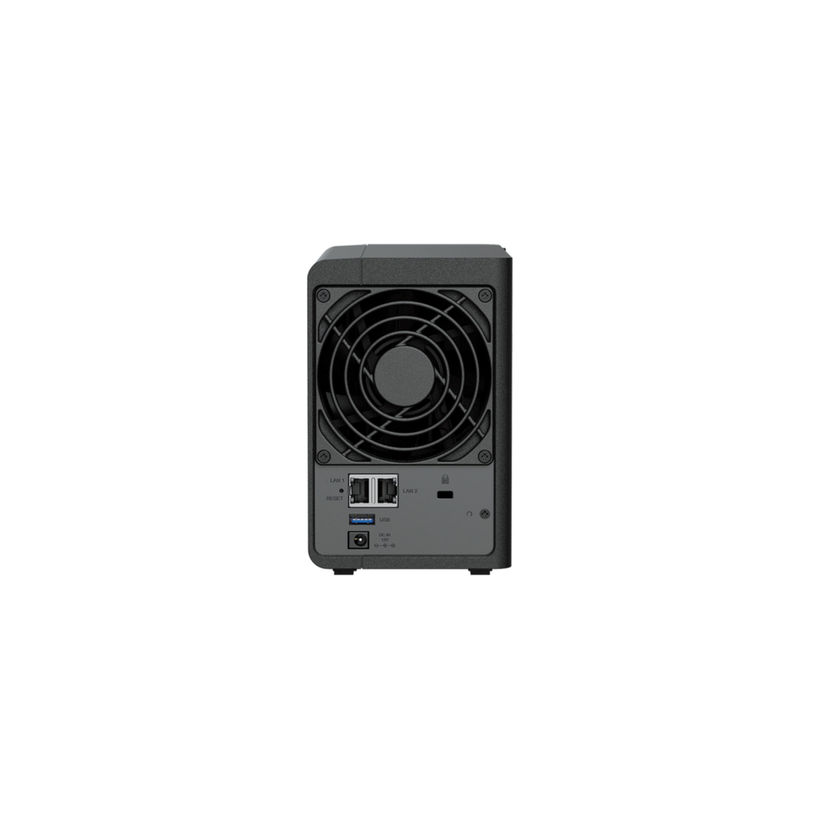 Parte trasera de un dispositivo NAS negro, que muestra ventilador, puertos y entradas de alimentación.
