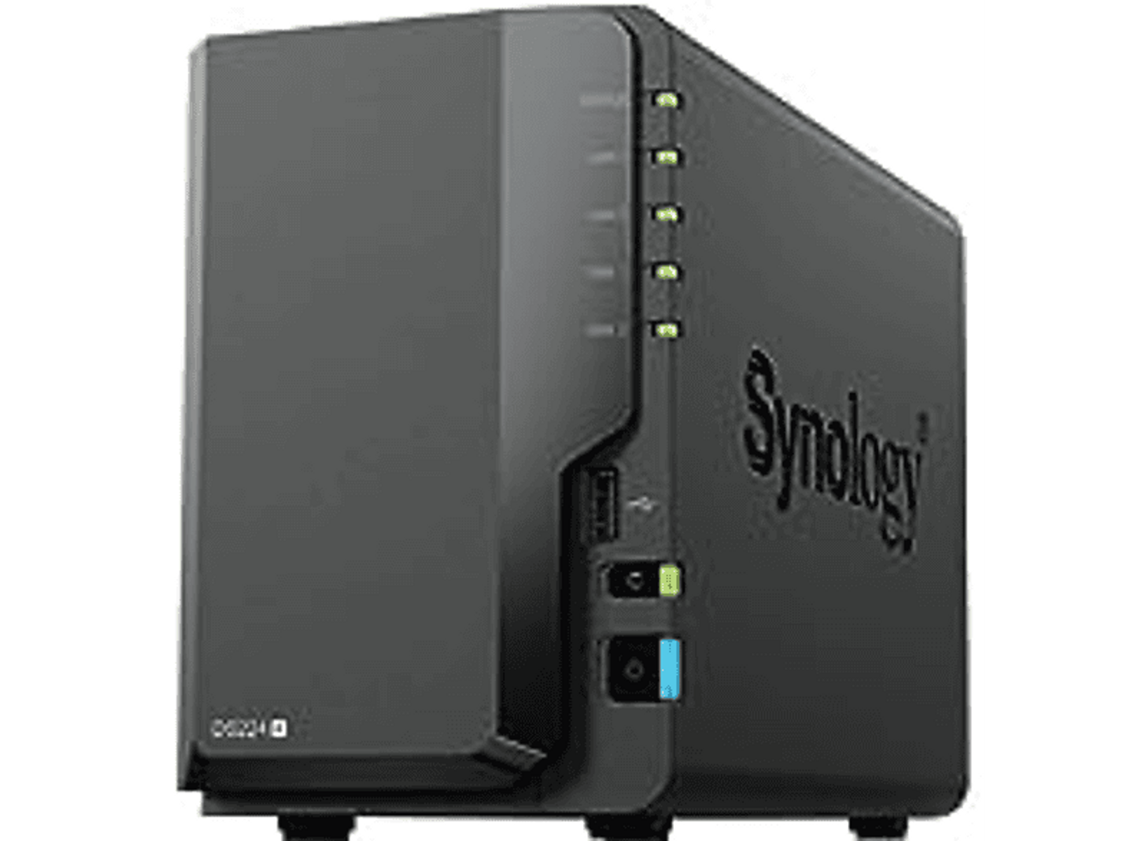 Servidor NAS Synology negro con luces y puertos USB.