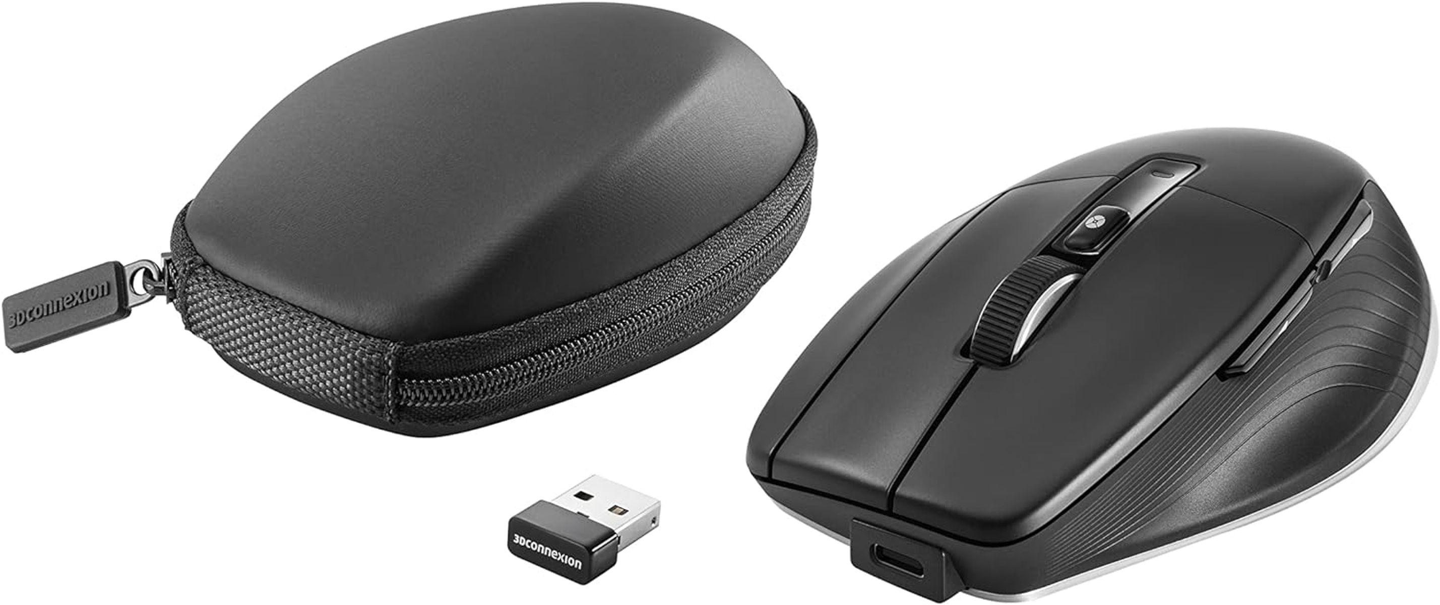 Schwarze Maus und Etui mit USB-Empfänger.