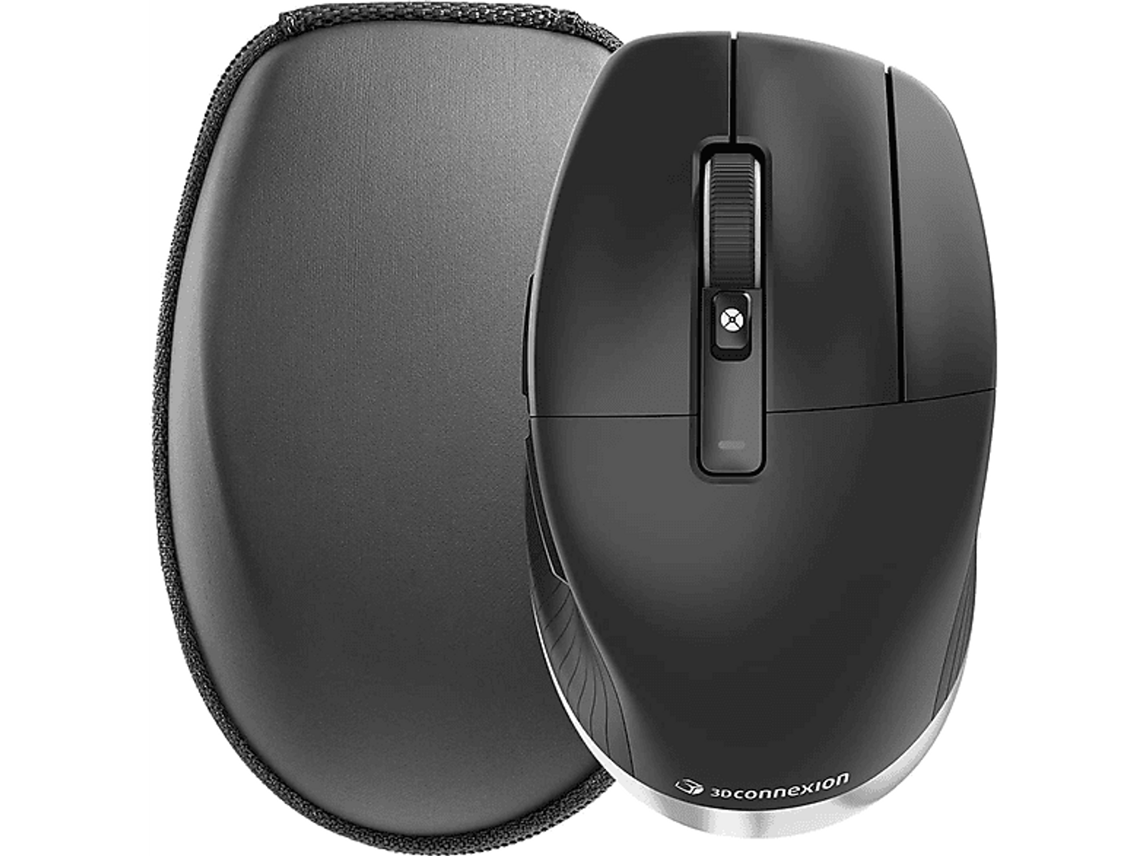 Schwarze Computermaus mit Etui. Die Maus hat ein Scrollrad und Seitentasten.