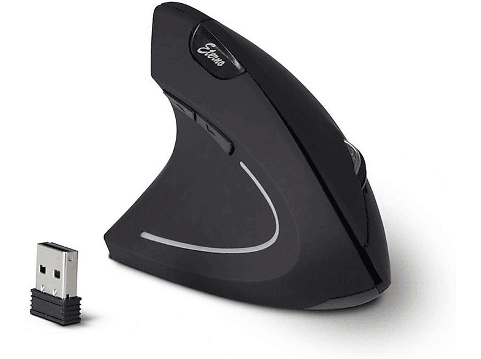 Zwarte verticale muis met USB-ontvanger. Met 'Eterno' logo.