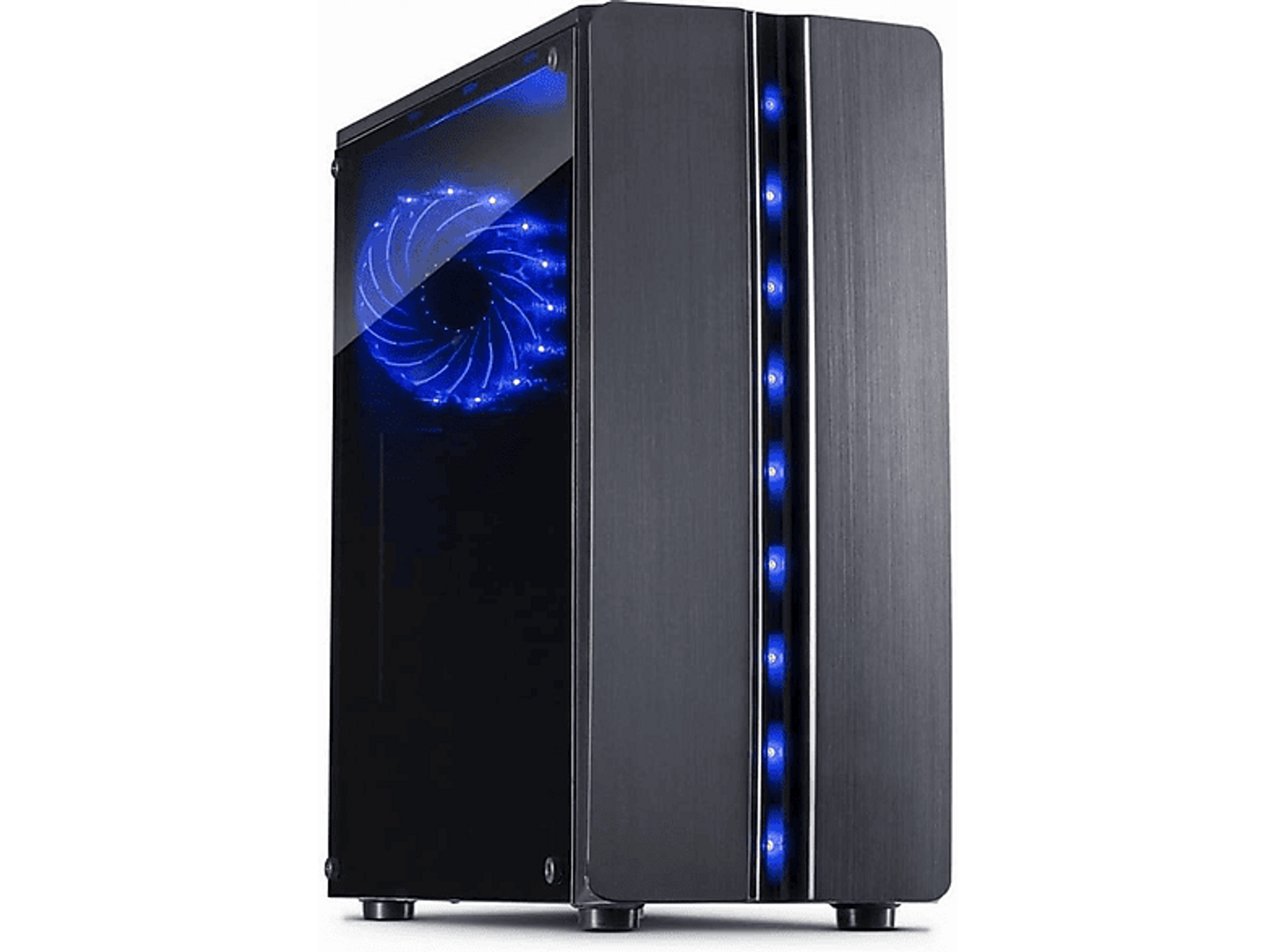 Czarna obudowa komputera. Ma ciemny przedni panel z portami i sekcją z siatki. Obudowa stoi na białej powierzchni.