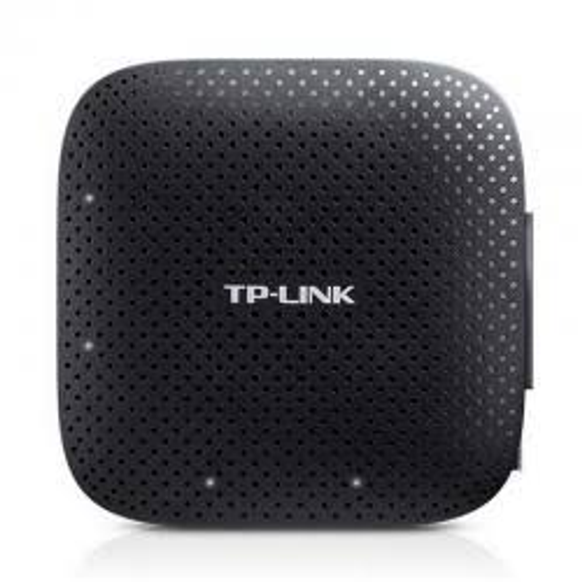 Zwarte TP-Link router met geperforeerd oppervlak. Het logo is wit.