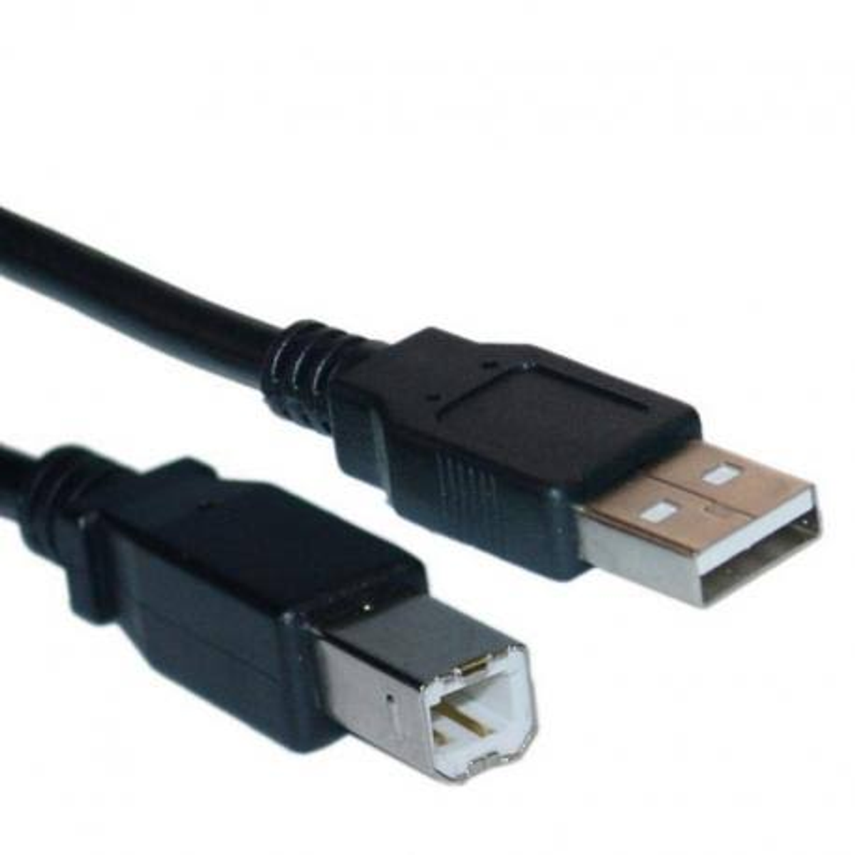 Zwarte USB-kabel met USB-A- en USB-B-connectoren.