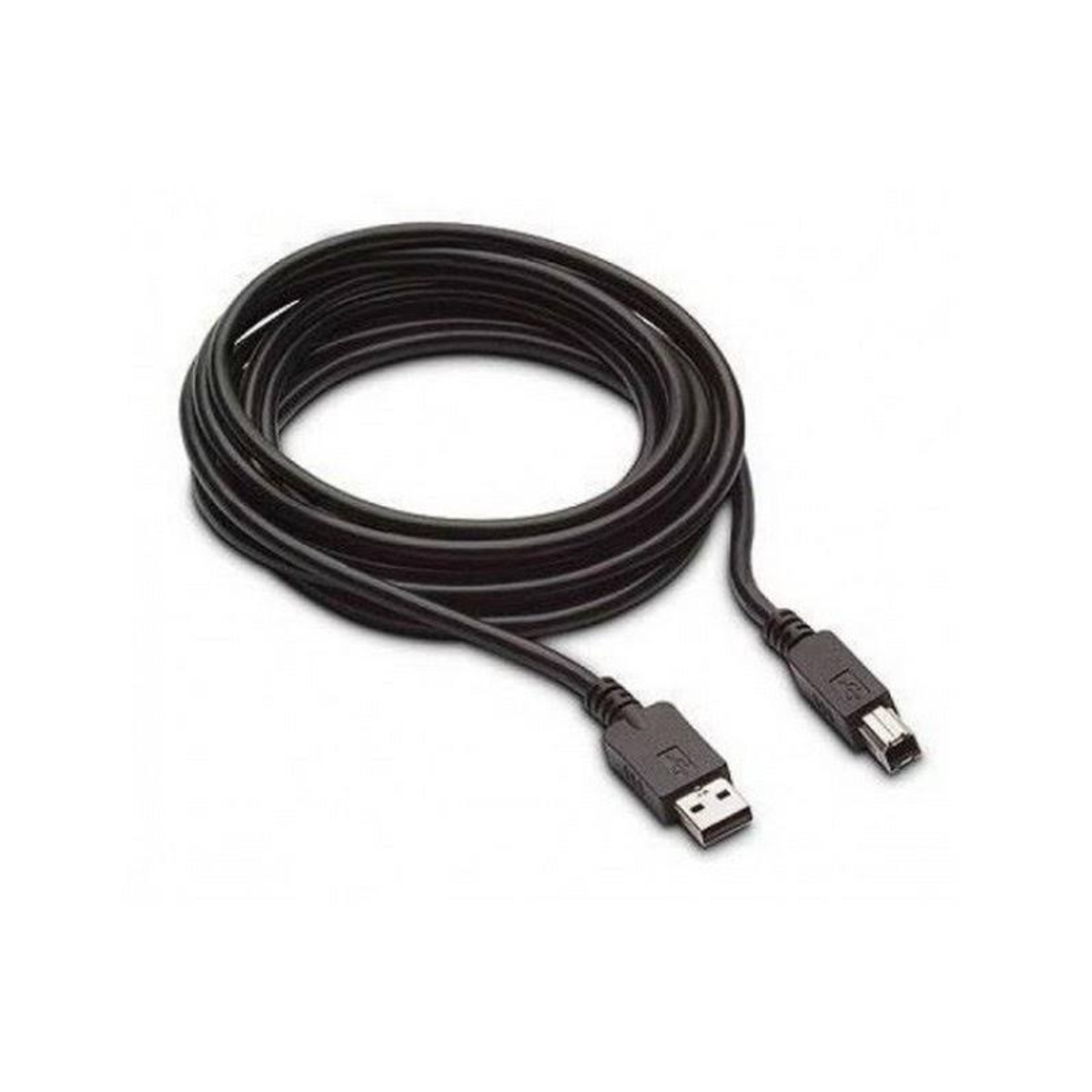 Zwarte USB-kabel opgerold, met connectoren aan beide uiteinden.