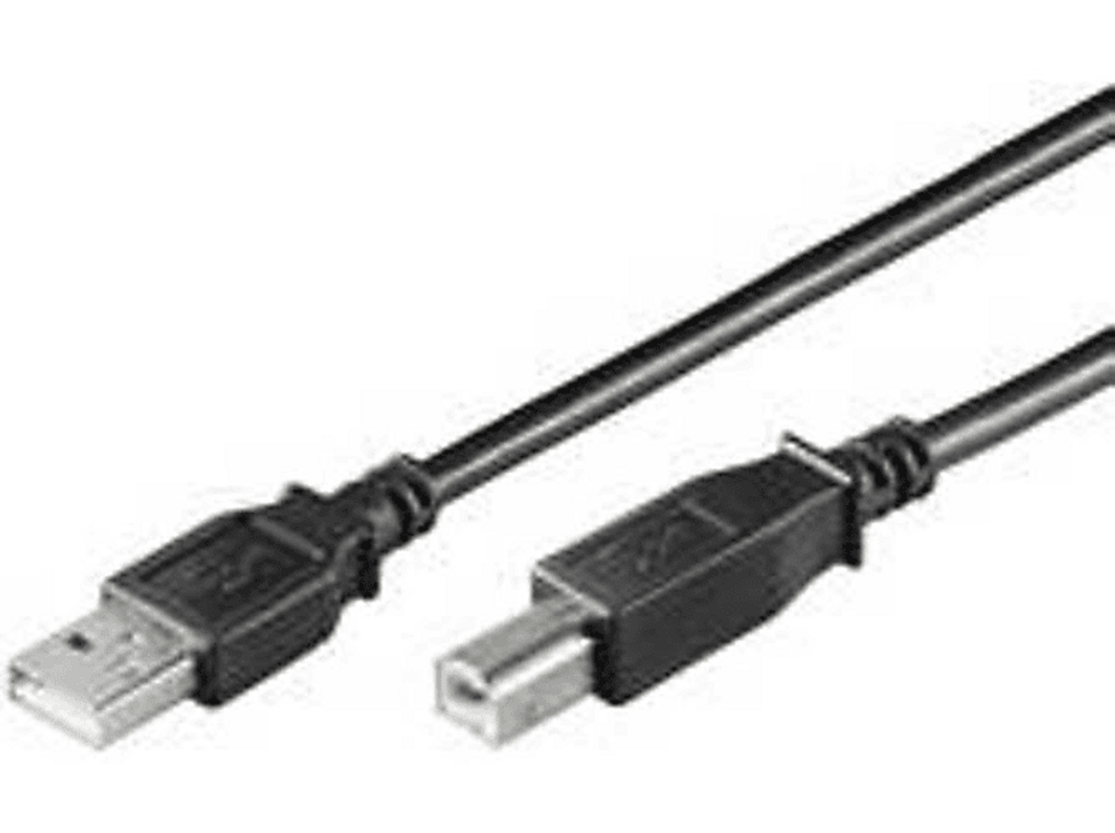 Een zwarte USB-kabel met USB-A- en USB-B-connectoren.