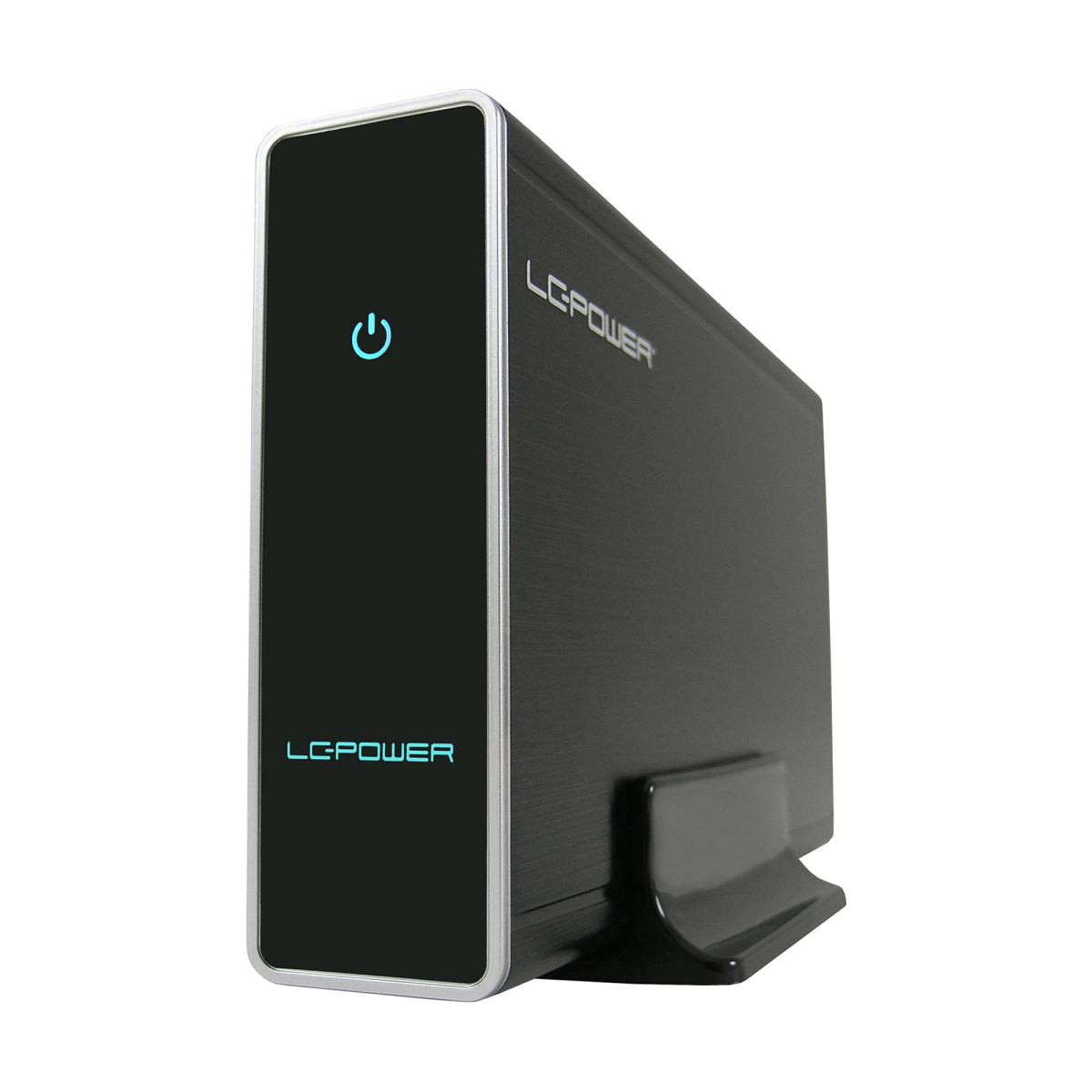 Schwarze externe Festplatte von LG-Power. Das Gerät ist aufrecht mit einem Power-Knopf.
