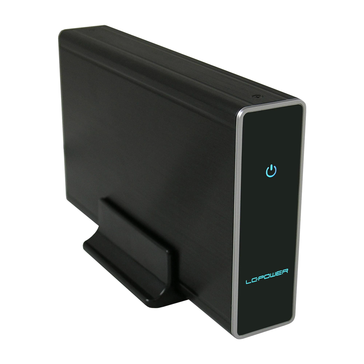 Schwarzer LG-Netzadapter. Er hat ein Ein-/Aus-Symbol und den Markennamen auf der Vorderseite. Der Hintergrund ist weiß.