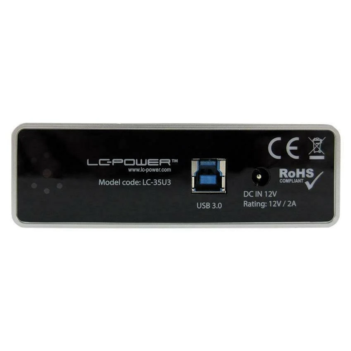 Schwarzer USB 3.0-Hub mit USB-Anschluss. Text: 'LG-POWER', USB 3.0, DC IN 12V.