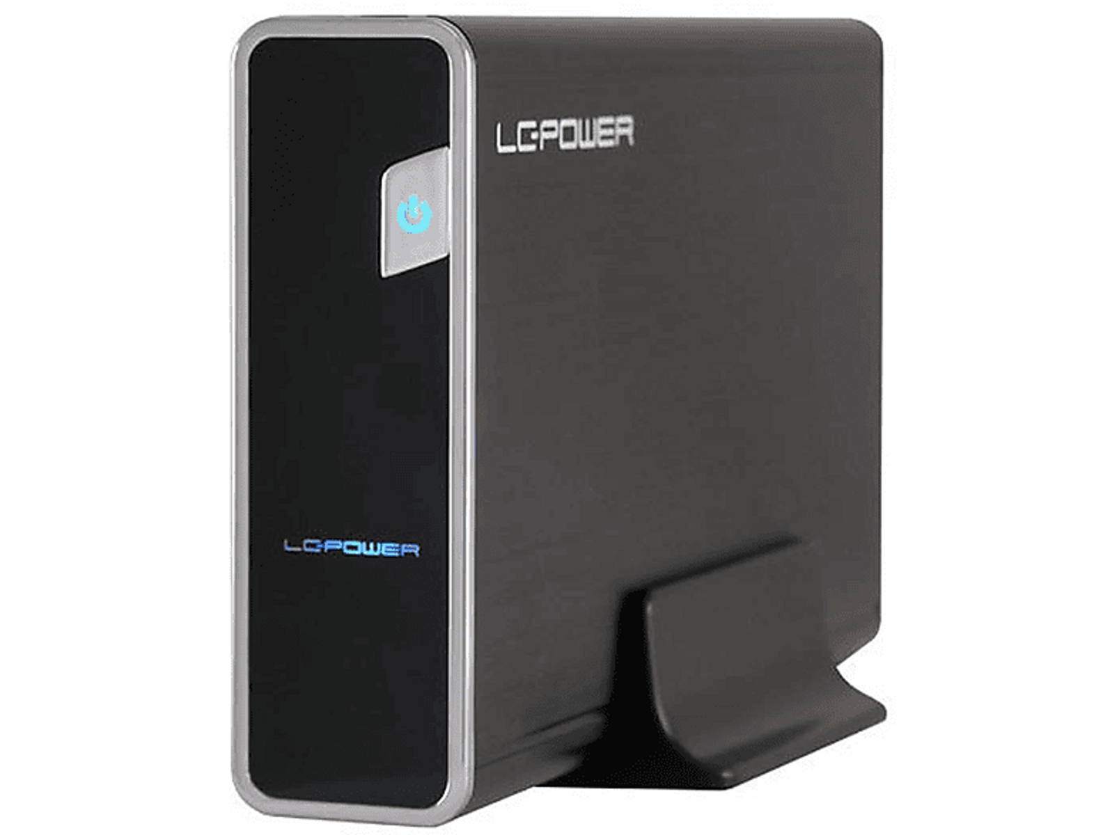 Ein schwarzes LC-POWER externes Festplattengehäuse mit blauem Einschaltknopf und Ständer.
