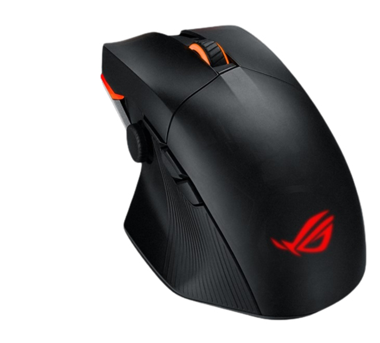 Un mouse da gioco nero con dettagli rossi e il logo ROG. Ha una rotella di scorrimento arancione.