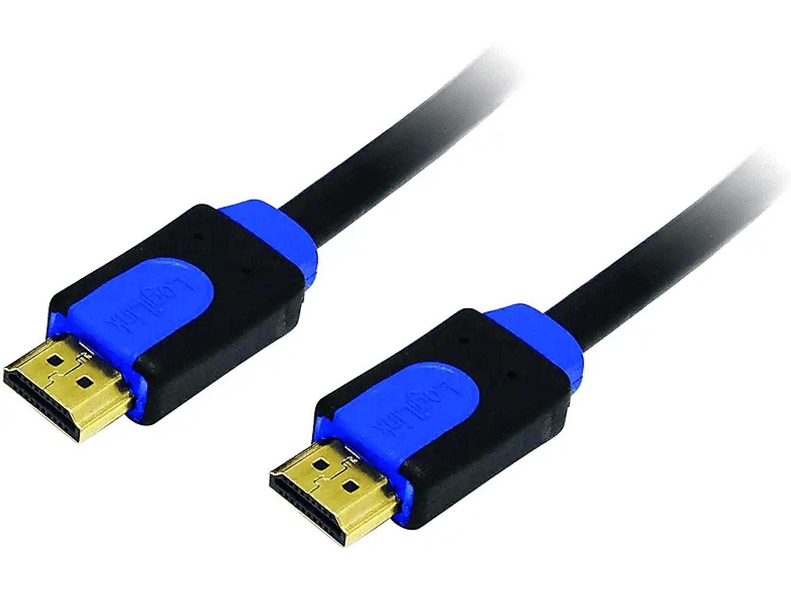 Zwei HDMI-Kabel mit blauen Steckern. Die Kabel sind schwarz und die Stecker goldfarben.