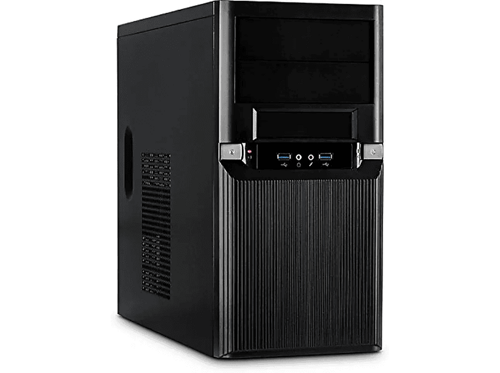 Un case per computer nero, vista frontale. Presenta un pannello frontale strutturato.