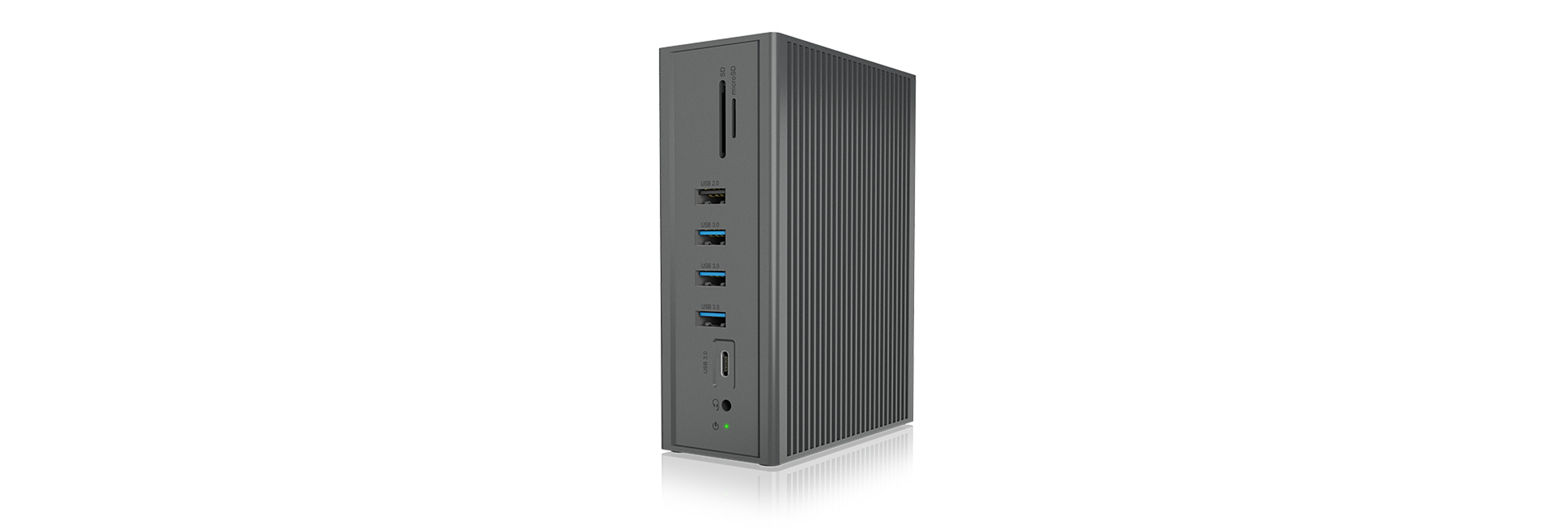 Eine dunkelgraue Dockingstation mit mehreren Anschlüssen. USB-, SD-Karten- und Audioanschlüsse sind sichtbar.