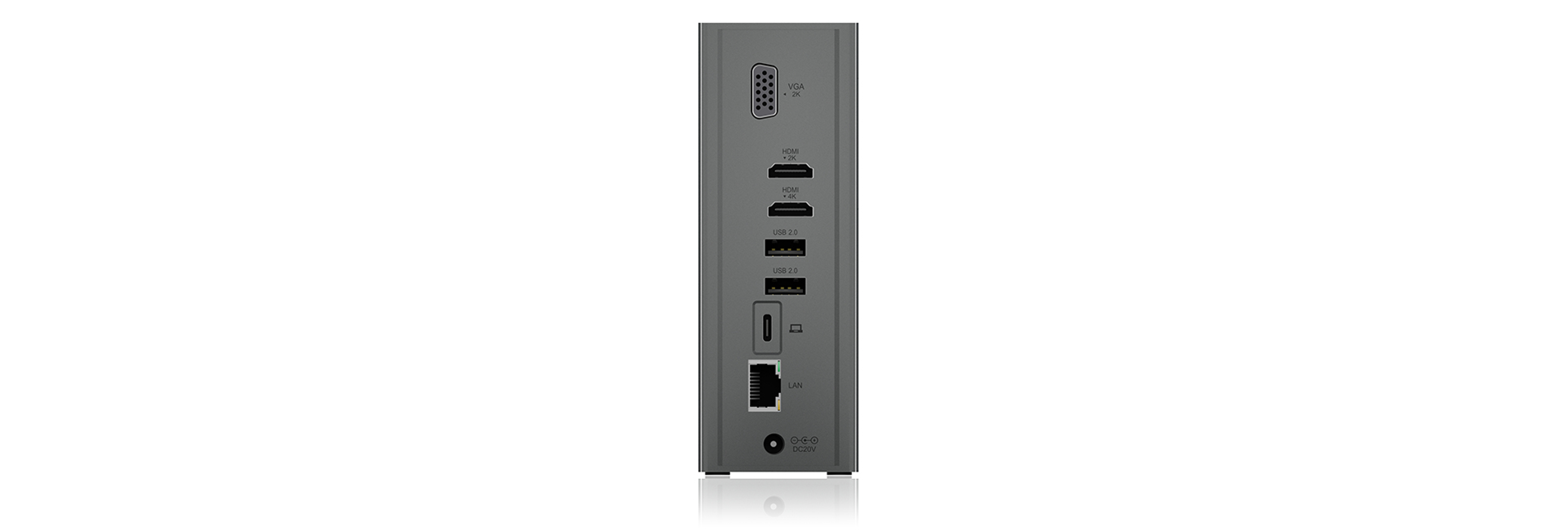 Rückseite eines grauen Geräts mit Anschlüssen: VGA, HDMI, USB, Ethernet und DC IN, auf weißem Hintergrund.