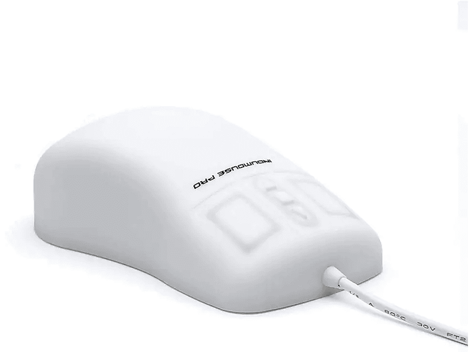 Ratón blanco Innowouse Pro con botones y cable. Sobre fondo blanco.