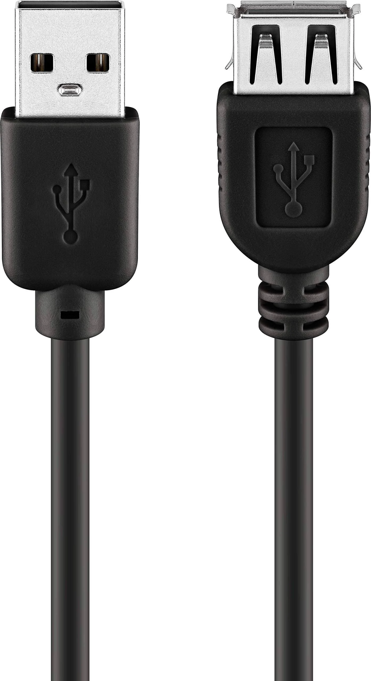Schwarzes USB-Kabel mit zwei Enden. Eines ist USB-A, das andere ist USB-B. Auf weißem Hintergrund.