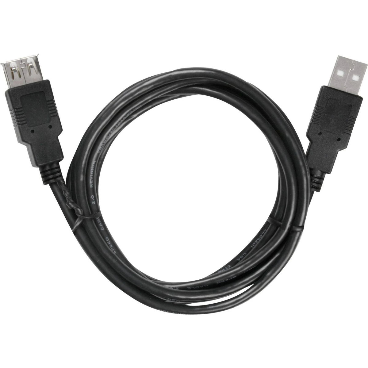Schwarzes USB-Kabel mit Anschlüssen an beiden Enden, auf weißem Hintergrund.