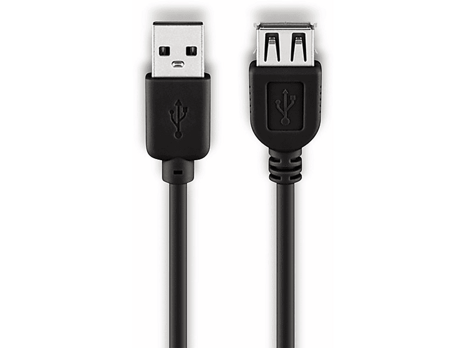 Zwei schwarze USB-Kabel, eines mit USB-A- und das andere mit USB-B-Anschluss, vor schwarzem Grund.