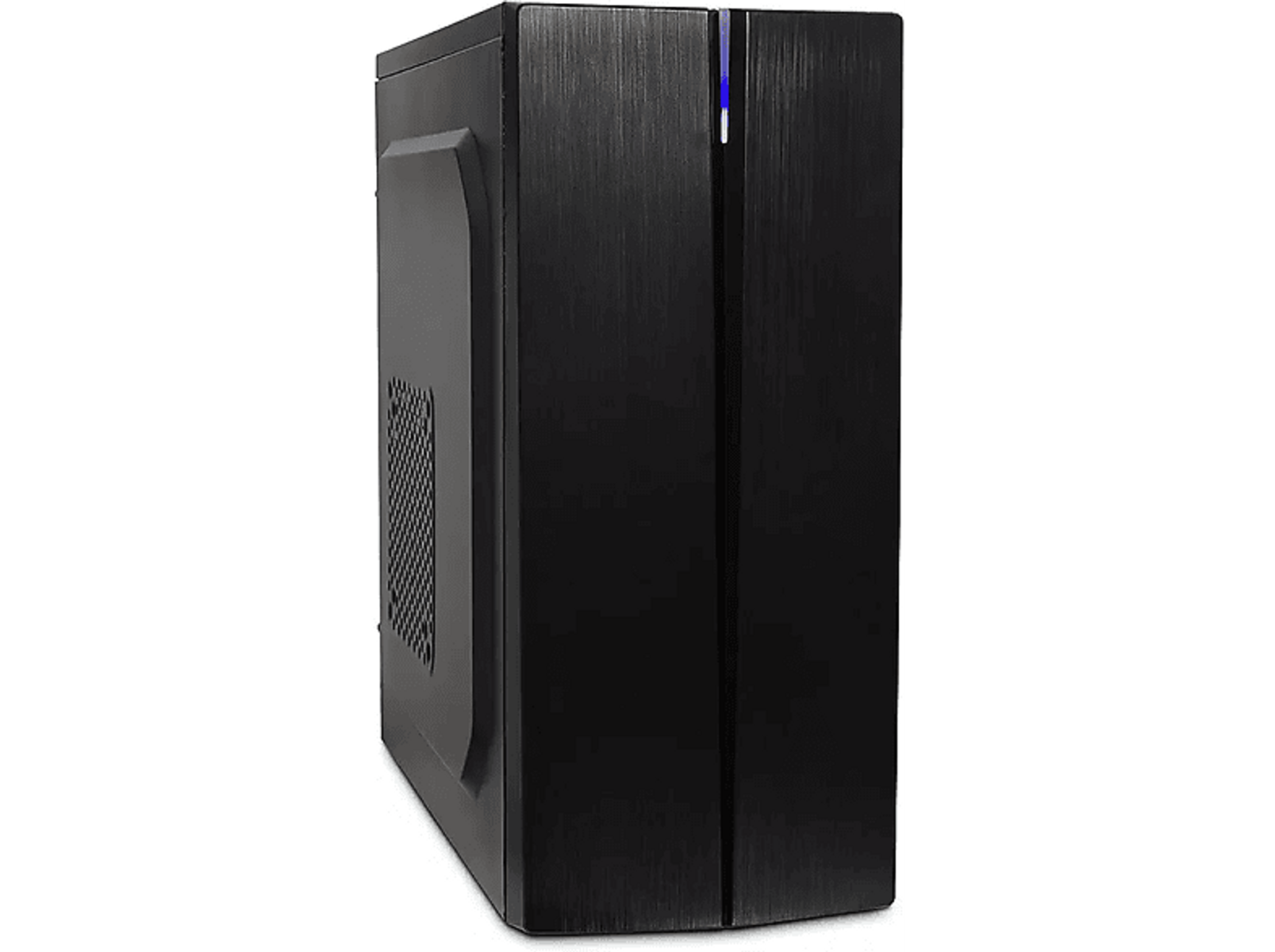 Czarna obudowa komputera z siatkową stroną i niebieskim światłem na górze.