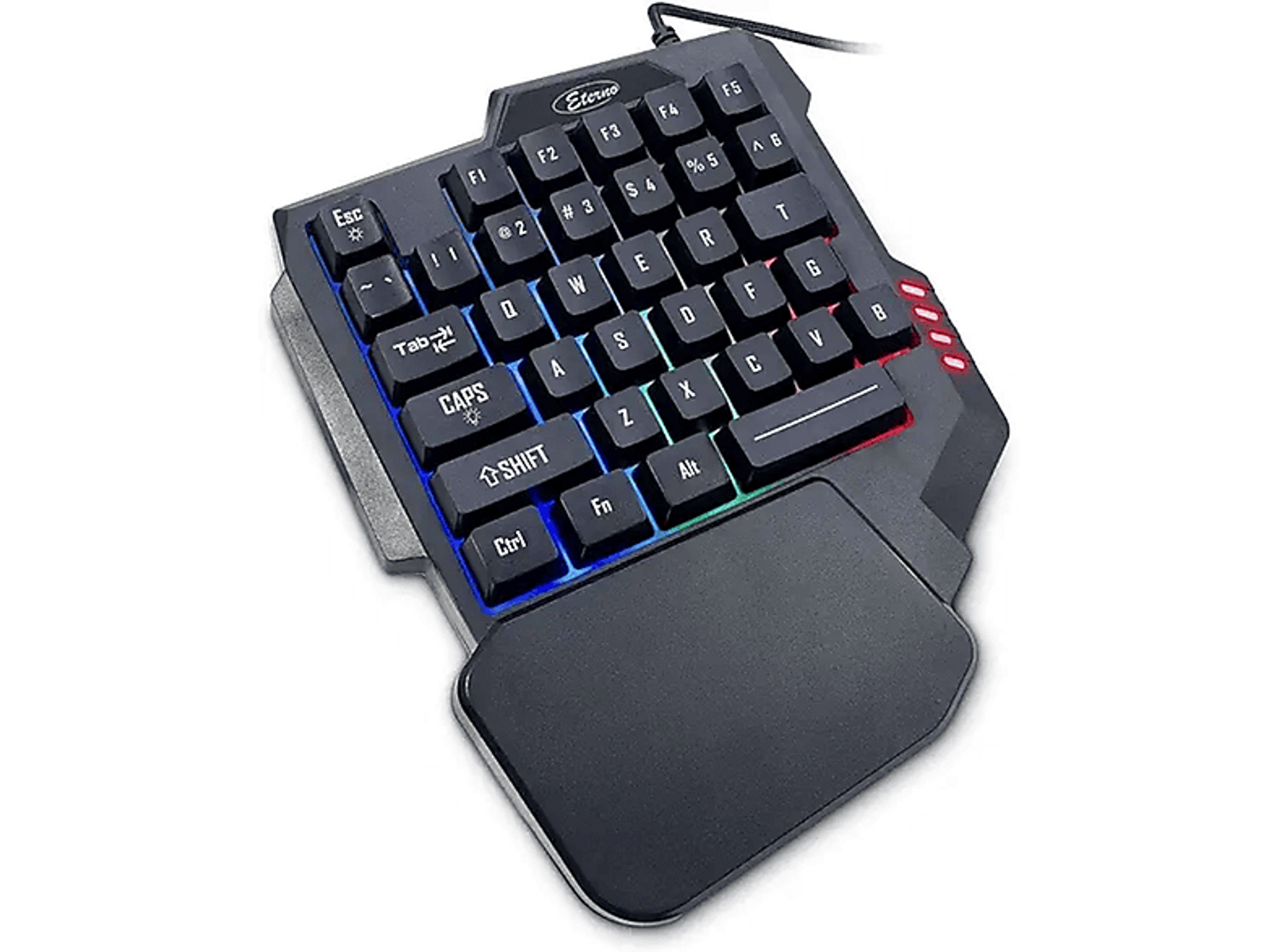Czarna klawiatura do gier z podświetleniem RGB. Posiada klawisze i podpórkę pod nadgarstek.
