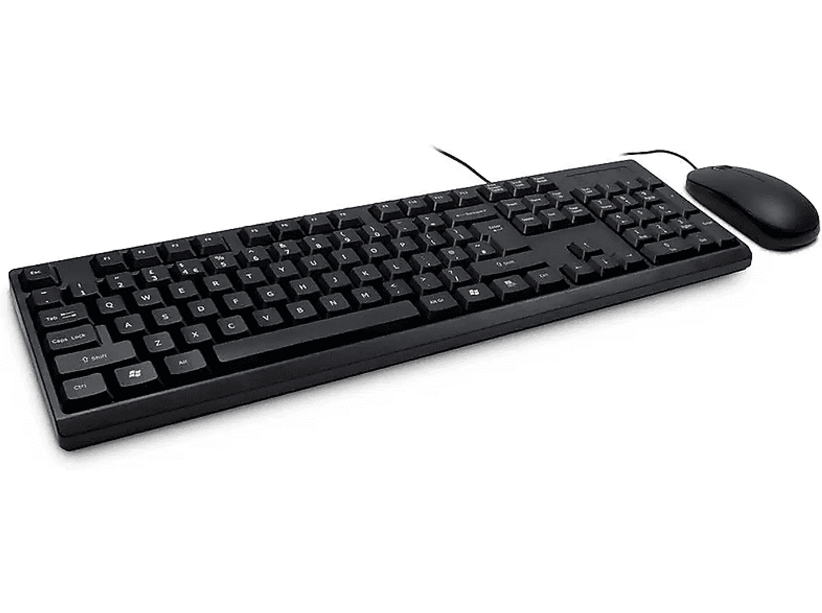 Schwarze Tastatur und Maus auf weißer Oberfläche. Die Tastatur hat Standardtasten und eine Windows-Taste.