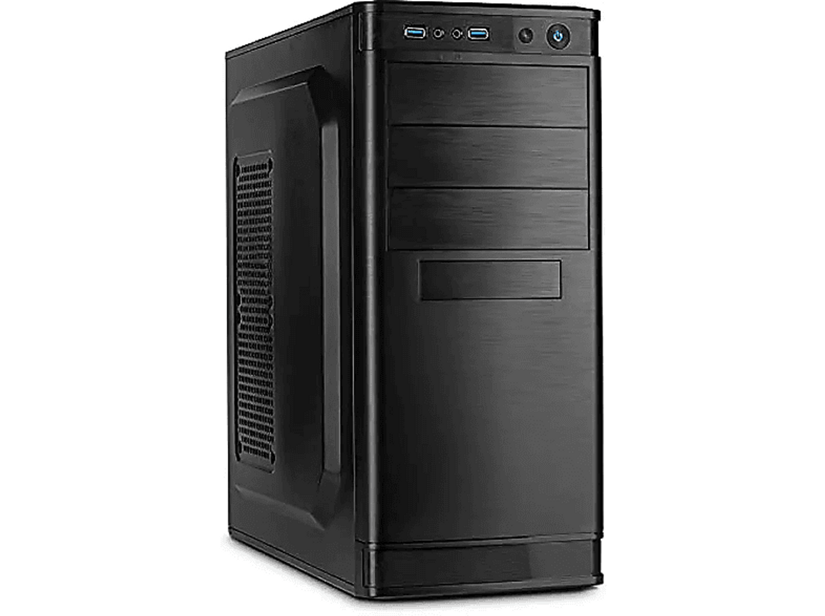 Czarna obudowa komputera na czarnym tle.