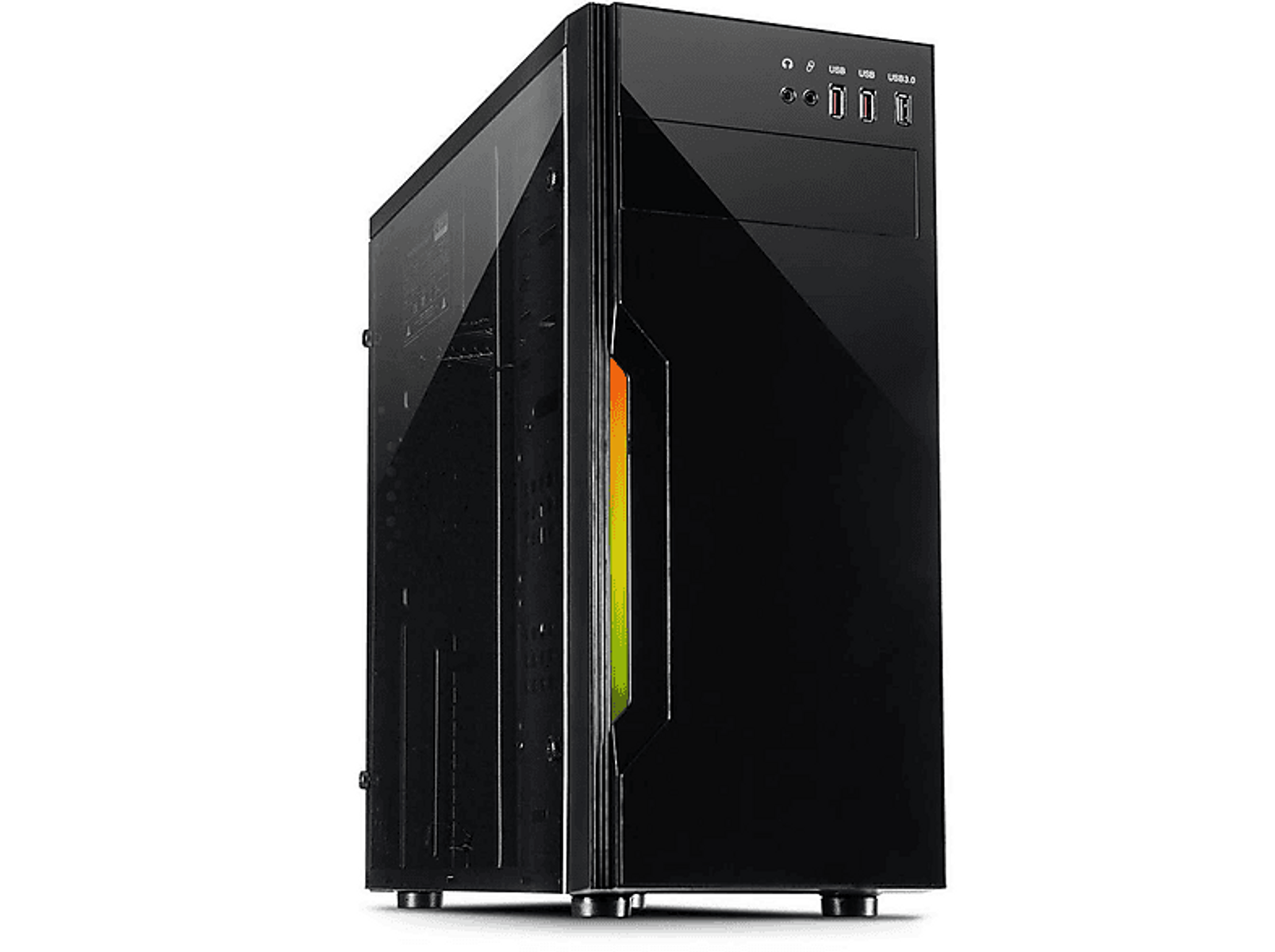Czarna obudowa komputera z kolorowymi światłami i szklanym panelem bocznym. Widok z przodu.