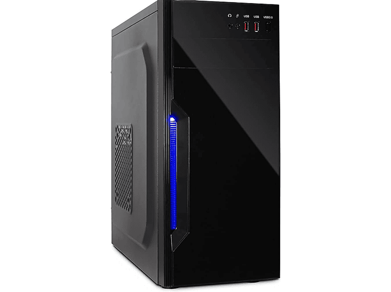 Czarna obudowa komputera. Niebieski pasek świetlny z przodu. Tło jest ciemnoszare.