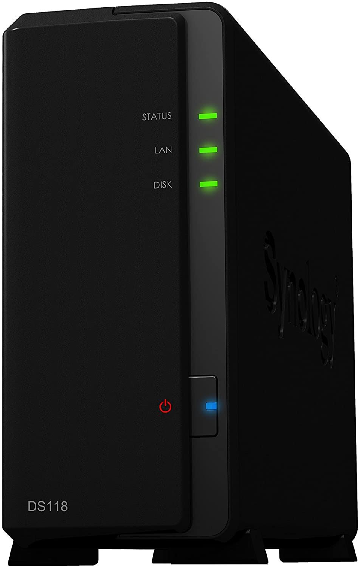Dispositivo de almacenamiento en red negro con logotipo de Synology y luces de estado.