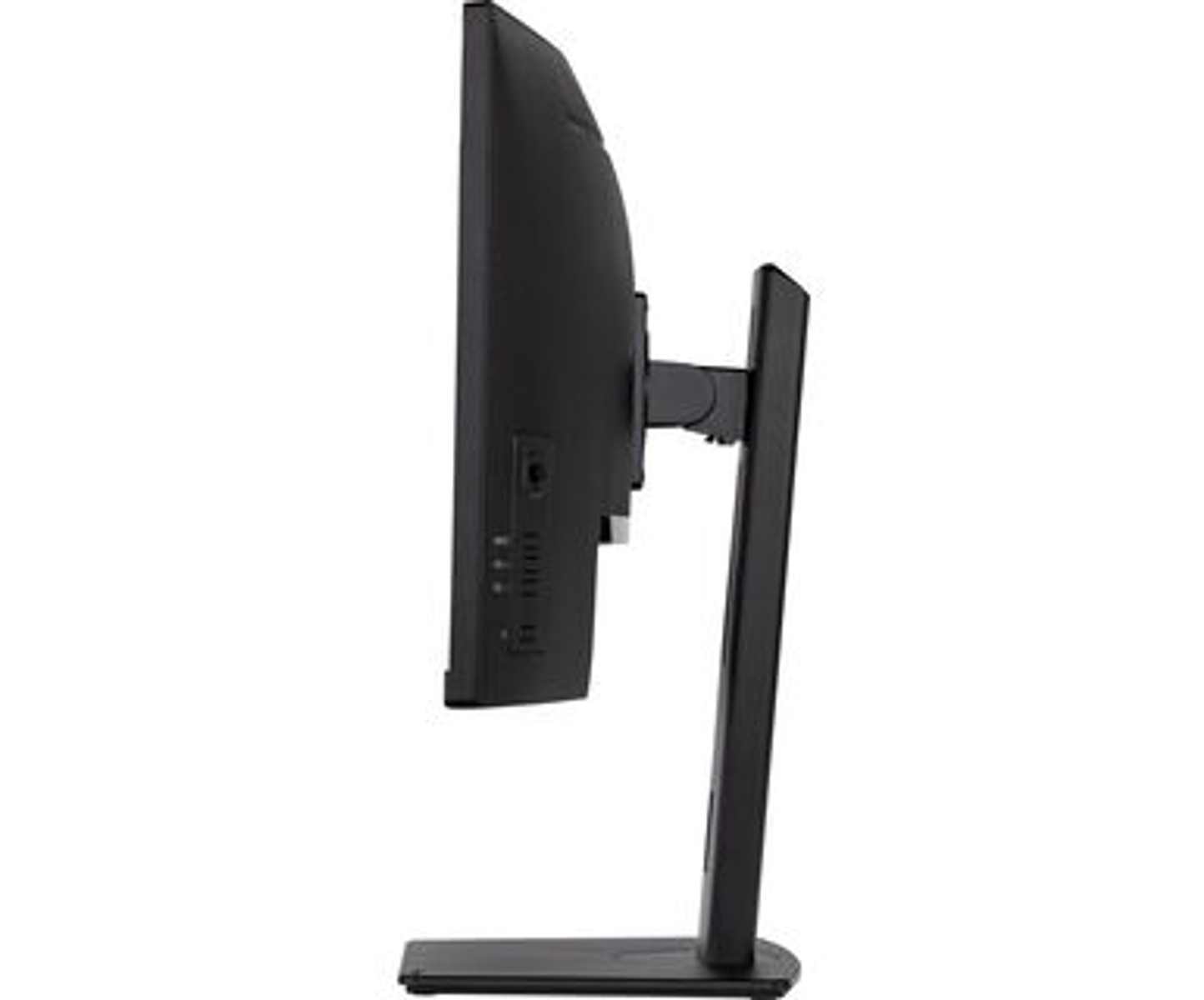 Schwarzer Computermonitor von der Seite betrachtet, zeigt sein schlankes und modernes Design.