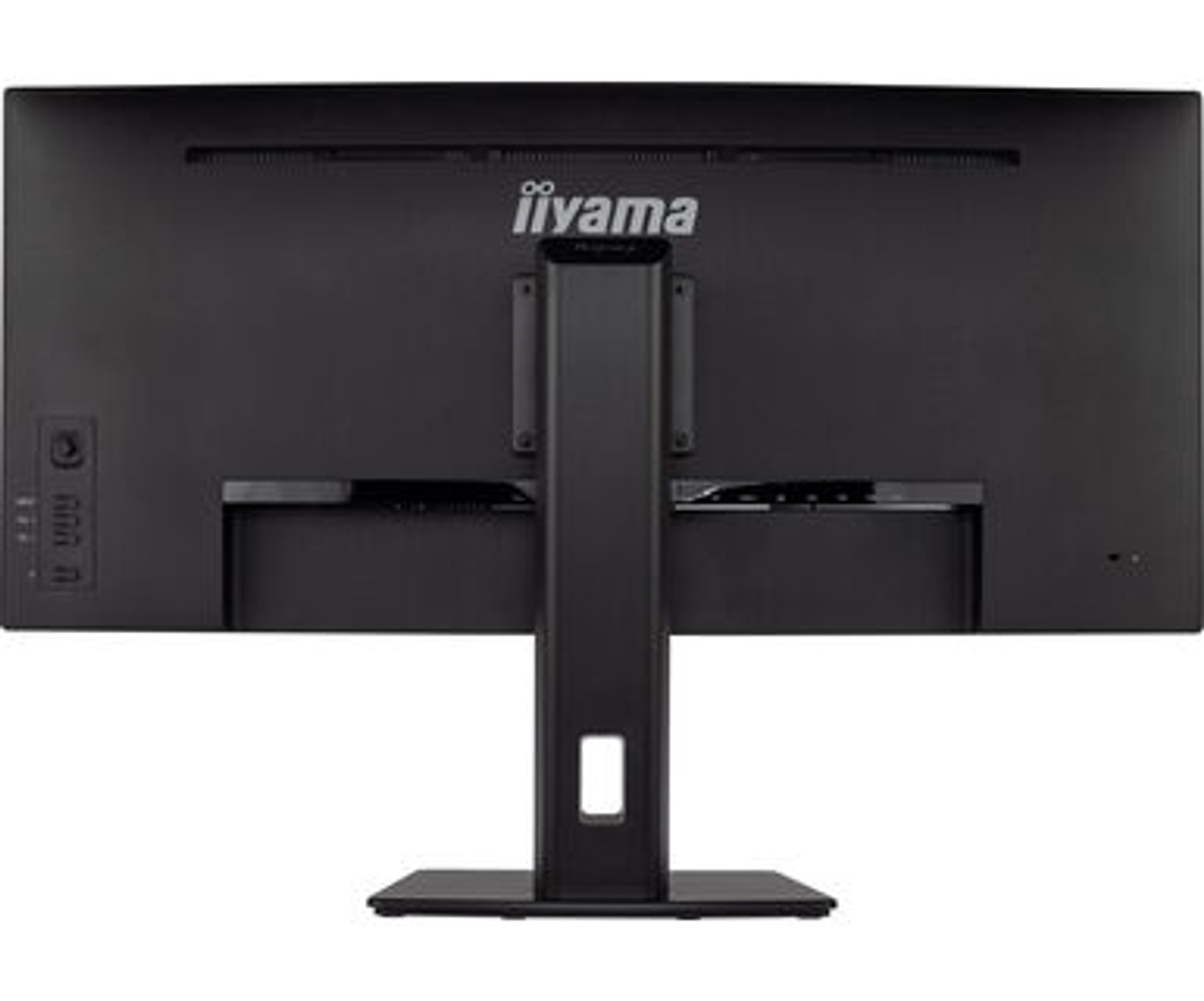 Die Rückseite eines schwarzen Computermonitors mit dem Markennamen "iiyama".