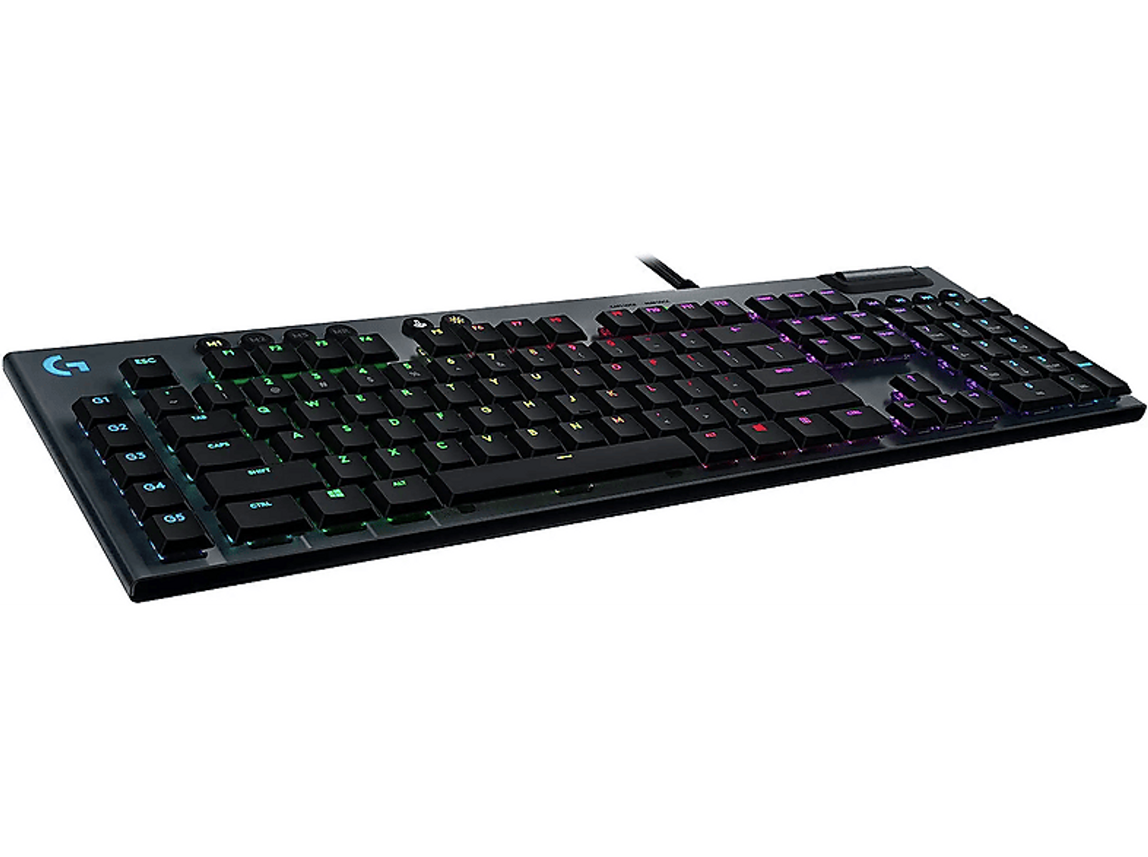 Czarna klawiatura z wielokolorowymi podświetlanymi klawiszami. Klawisze są ułożone w standardowym układzie.