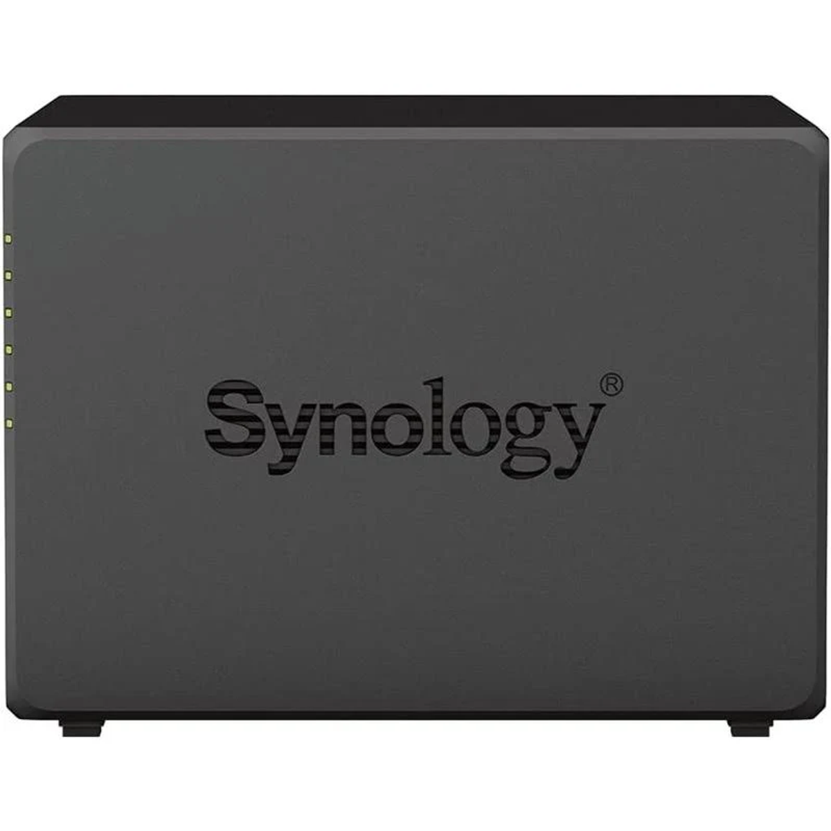 Dispositivo NAS Synology negro. Cuadrado, con el logotipo de Synology. Fondo blanco.